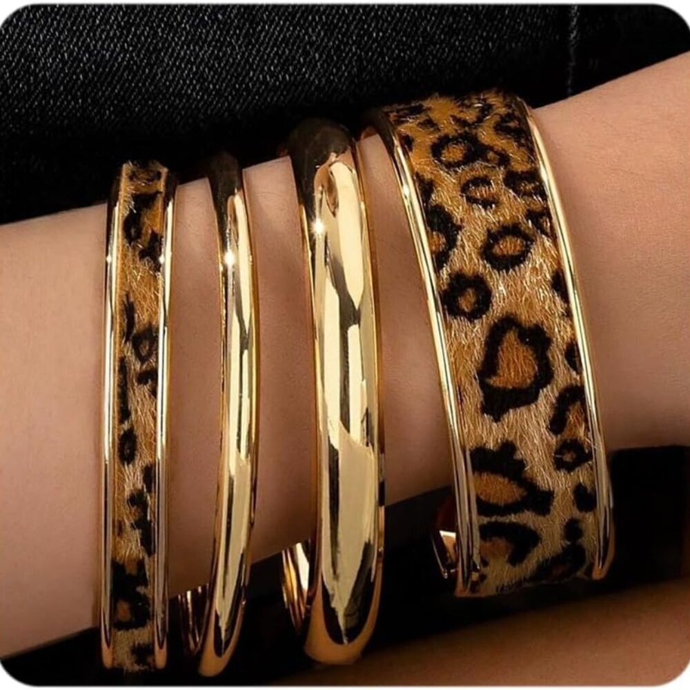 Gold Bangle Bracelets Set for Women Stackable Statement Jewelry Leopard Print